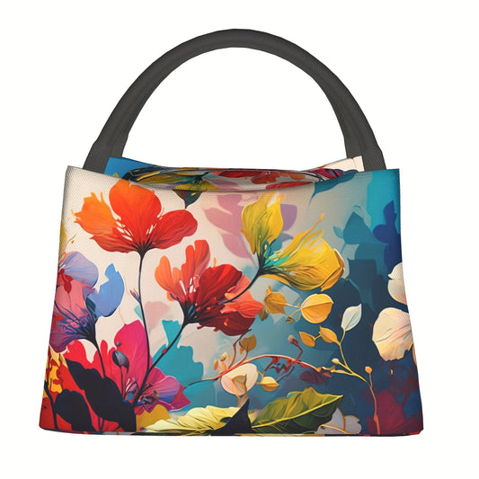 1pc Vibrant Floral Insulated Lunch Bag - Reusable & High Quality Polyester Cooler Tote with Black Handles, Perfect for Camping, Picnics, Beach Outings - Ideal for School, Office, Outdoor Use, 11x6. 5x7in, Lunch Bag Insulated